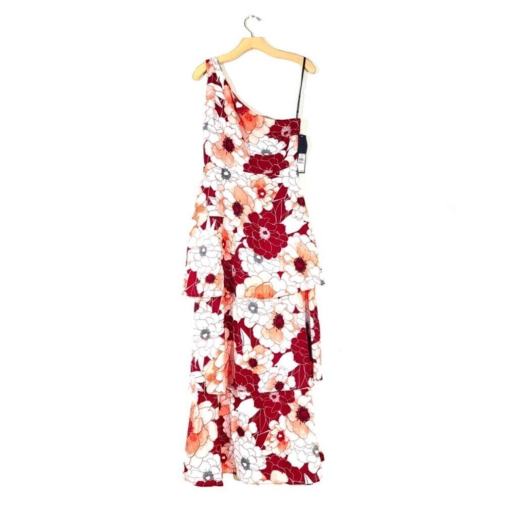 NWT Rachel Roy Rita One Shoulder Ruffle Tiered Maxi Dress Vixon Floral Red 6
